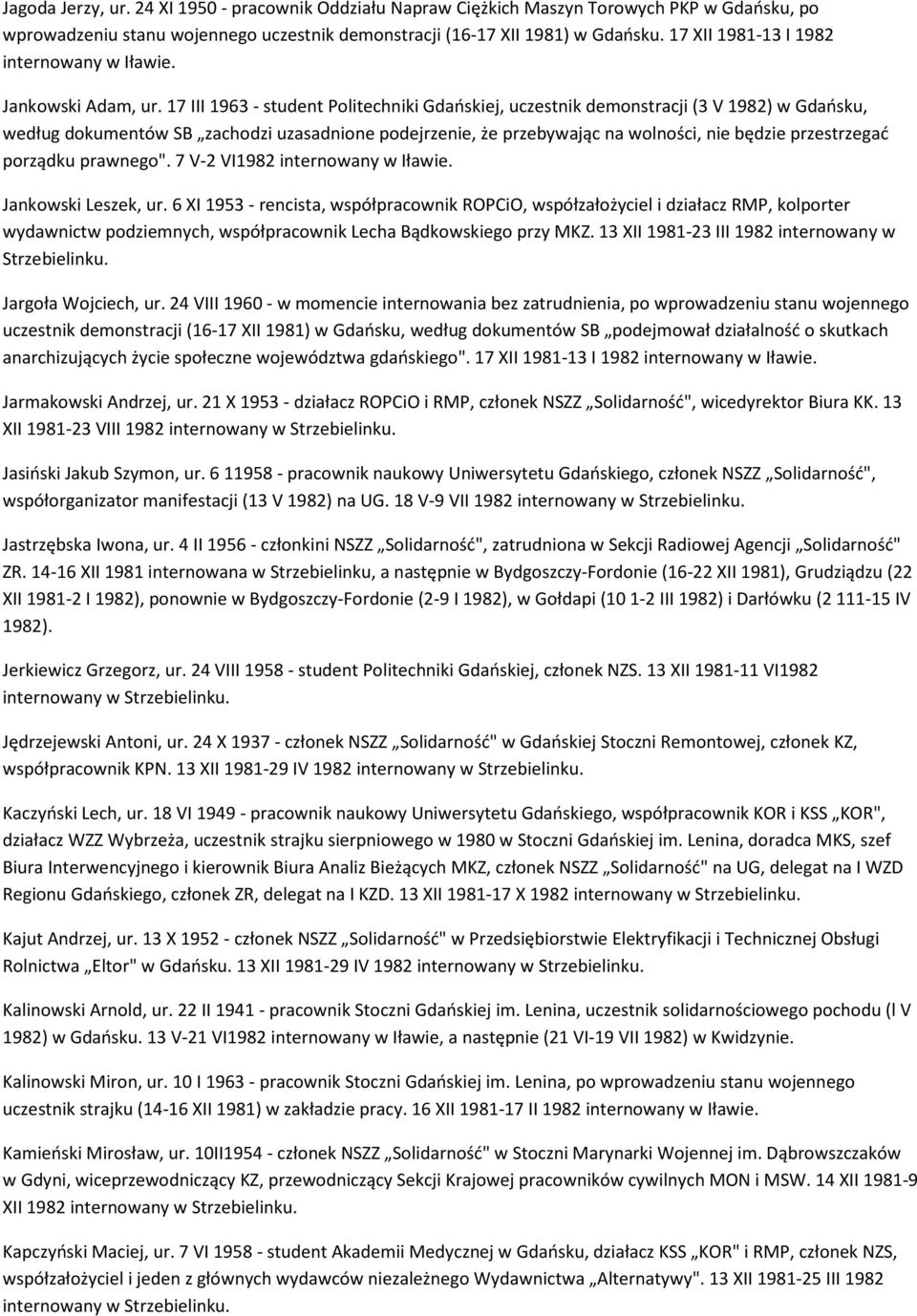 17 III 1963 - student Politechniki Gdańskiej, uczestnik demonstracji (3 V 1982) w Gdańsku, według dokumentów SB zachodzi uzasadnione podejrzenie, że przebywając na wolności, nie będzie przestrzegać