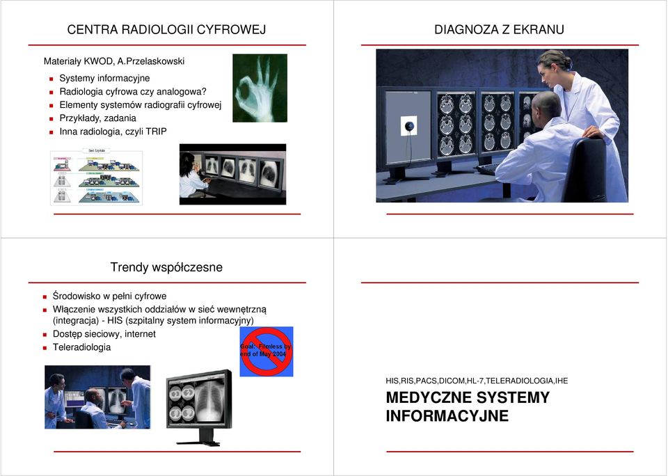 Elementy systemów radiografii cyfrowej Przykłady, zadania Inna radiologia, czyli TRIP Trendy współczesne Środowisko w