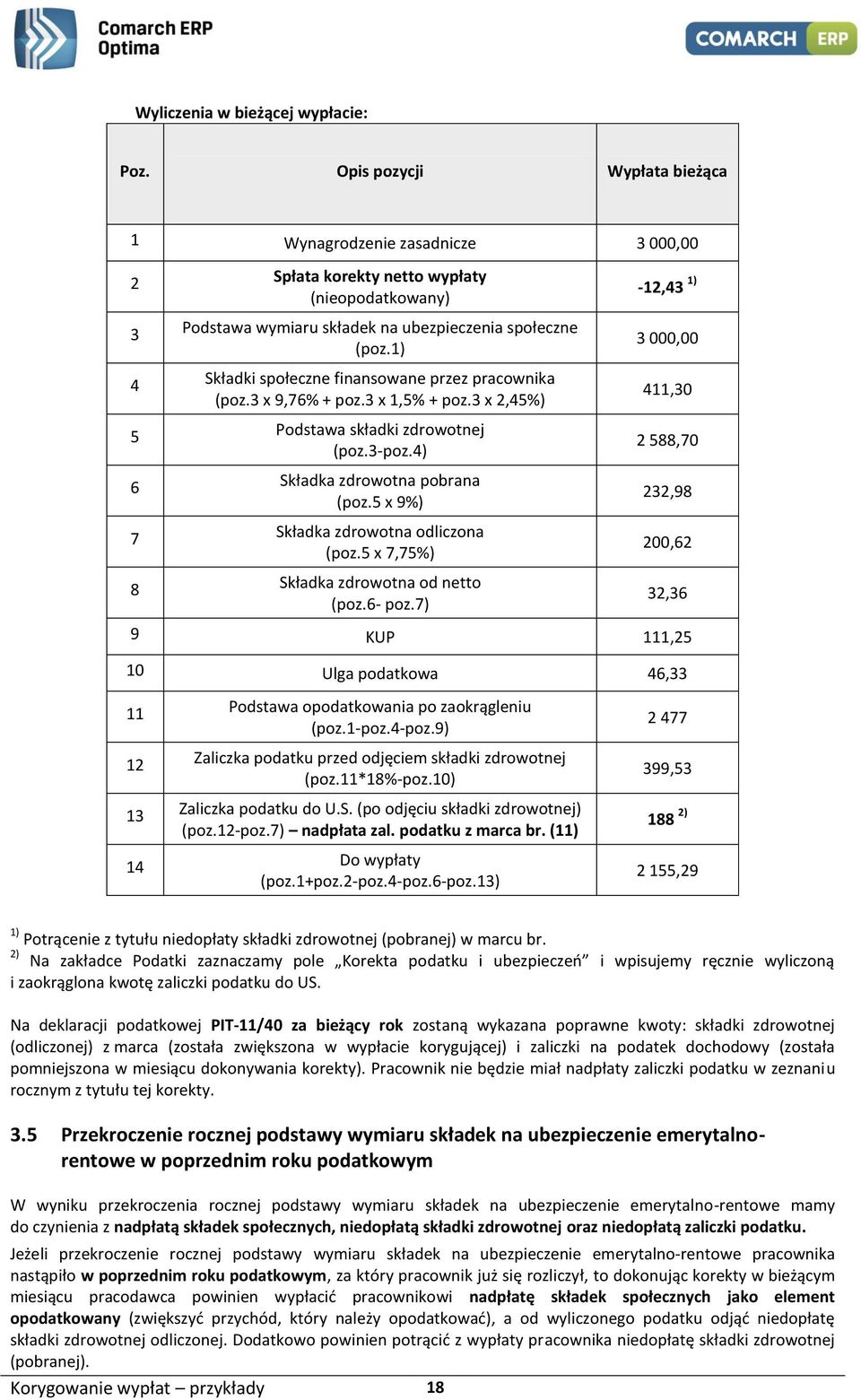 1) Składki społeczne finansowane przez pracownika (poz.3 x 9,76% + poz.3 x 1,5% + poz.3 x 2,45%) Podstawa składki zdrowotnej (poz.3-poz.4) Składka zdrowotna pobrana (poz.