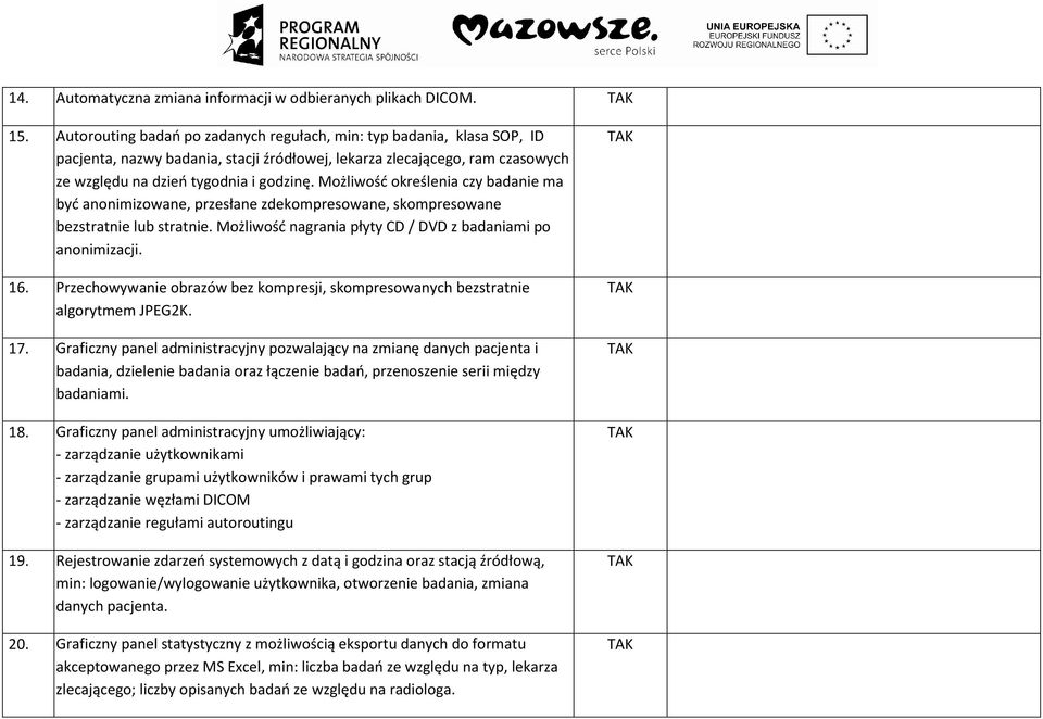 Możliwość określenia czy badanie ma być anonimizowane, przesłane zdekompresowane, skompresowane bezstratnie lub stratnie. Możliwość nagrania płyty CD / DVD z badaniami po anonimizacji. 16.