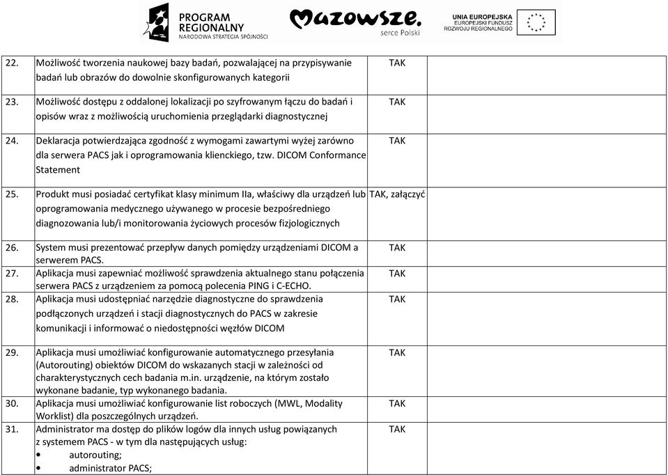 Deklaracja potwierdzająca zgodność z wymogami zawartymi wyżej zarówno dla serwera PACS jak i oprogramowania klienckiego, tzw. DICOM Conformance Statement 25.