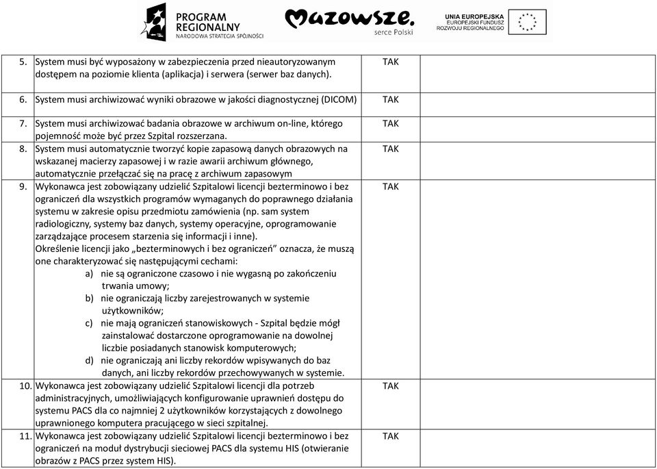 System musi automatycznie tworzyć kopie zapasową danych obrazowych na wskazanej macierzy zapasowej i w razie awarii archiwum głównego, automatycznie przełączać się na pracę z archiwum zapasowym 9.