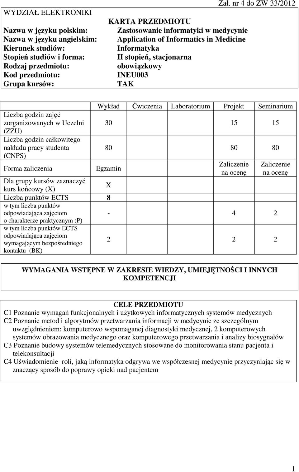 zorganizowanych w Uczelni (ZZU) Liczba godzin całkowitego nakładu pracy studenta (CNPS) Forma zaliczenia Wykład Ćwiczenia Laboratorium Projekt Seminarium 30 15 15 80 80 80 Egzamin Zaliczenie na ocenę