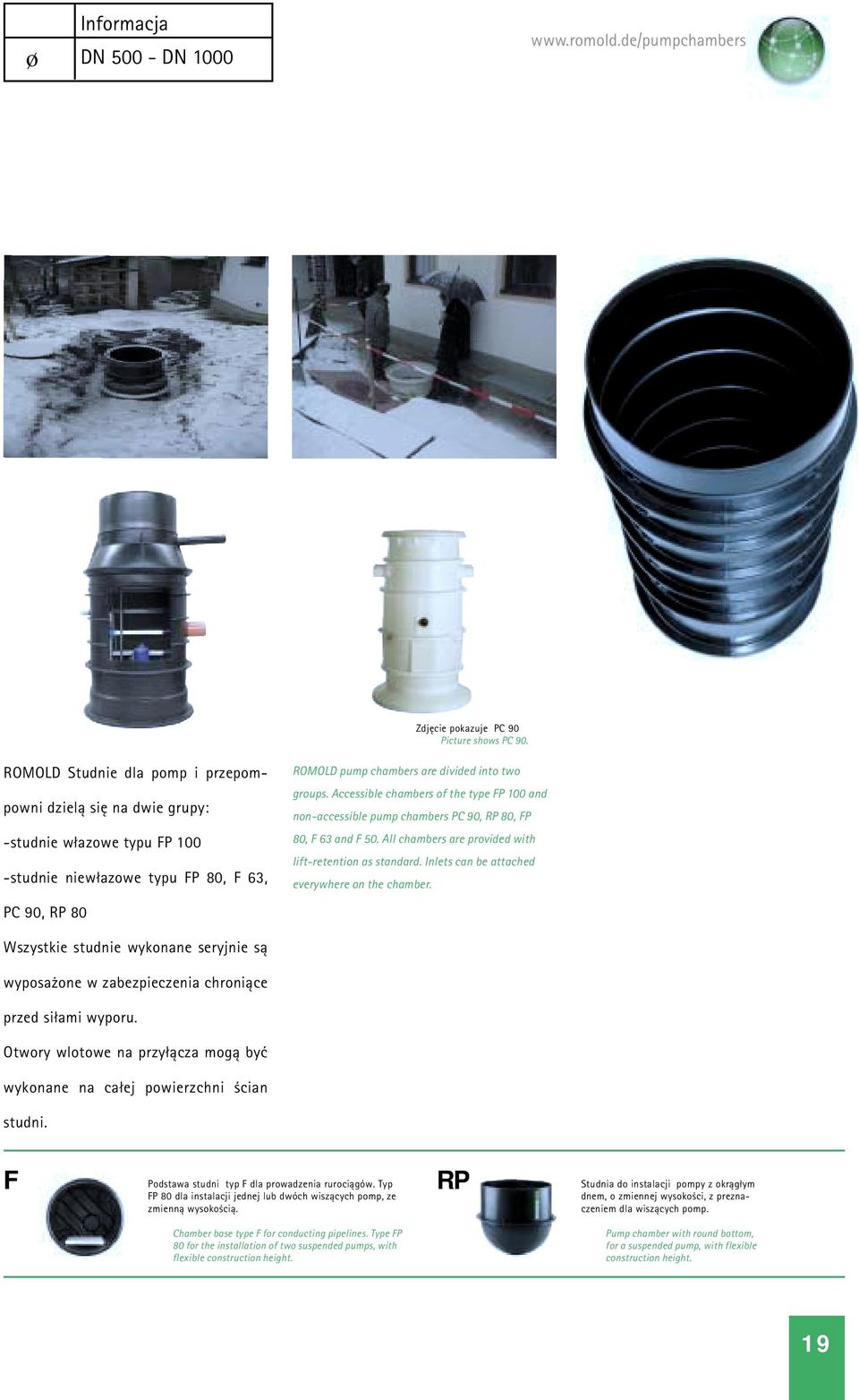 Accessible chambers of the type FP 100 and non-accessible pump chambers PC 90, RP 80, FP 80, F 63 and F 50. All chambers are provided with lift-retention as standard.