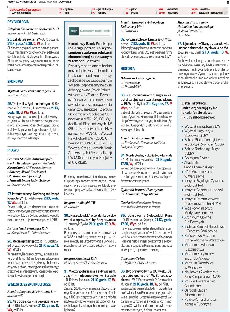 Ekonomiczno-Społeczne SGH ul. Rakowiecka 24, budynek A 25. Jak działa reklama? A. Kozłowska, 2 IX, godz. 8.30, D, W, od 5 lat.