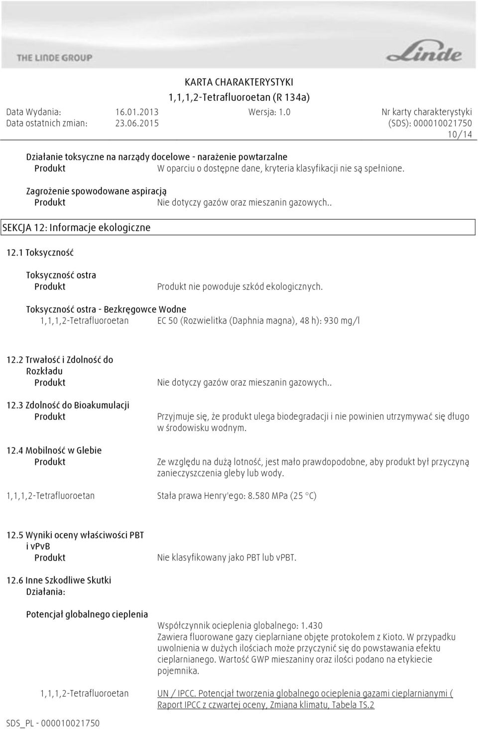 2 Trwałość i Zdolność do Rozkładu 12.3 Zdolność do Bioakumulacji 12.4 Mobilność w Glebie 1,1,1,2-Tetrafluoroetan Nie dotyczy gazów oraz mieszanin gazowych.