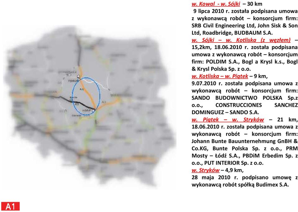 2010 r. została podpisana umowa z wykonawcą robót konsorcjum firm: SANDO BUDOWNICTWO POLSKA Sp.z o.o., CONSTRUCCIONES SANCHEZ DOMINGUEZ SANDO S.A. w. Piątek w. Stryków 21 km, 18.06.2010 r. została podpisana umowa z wykonawcą robót konsorcjum firm: Johann Bunte Bauunternehmung GnBH & Co.