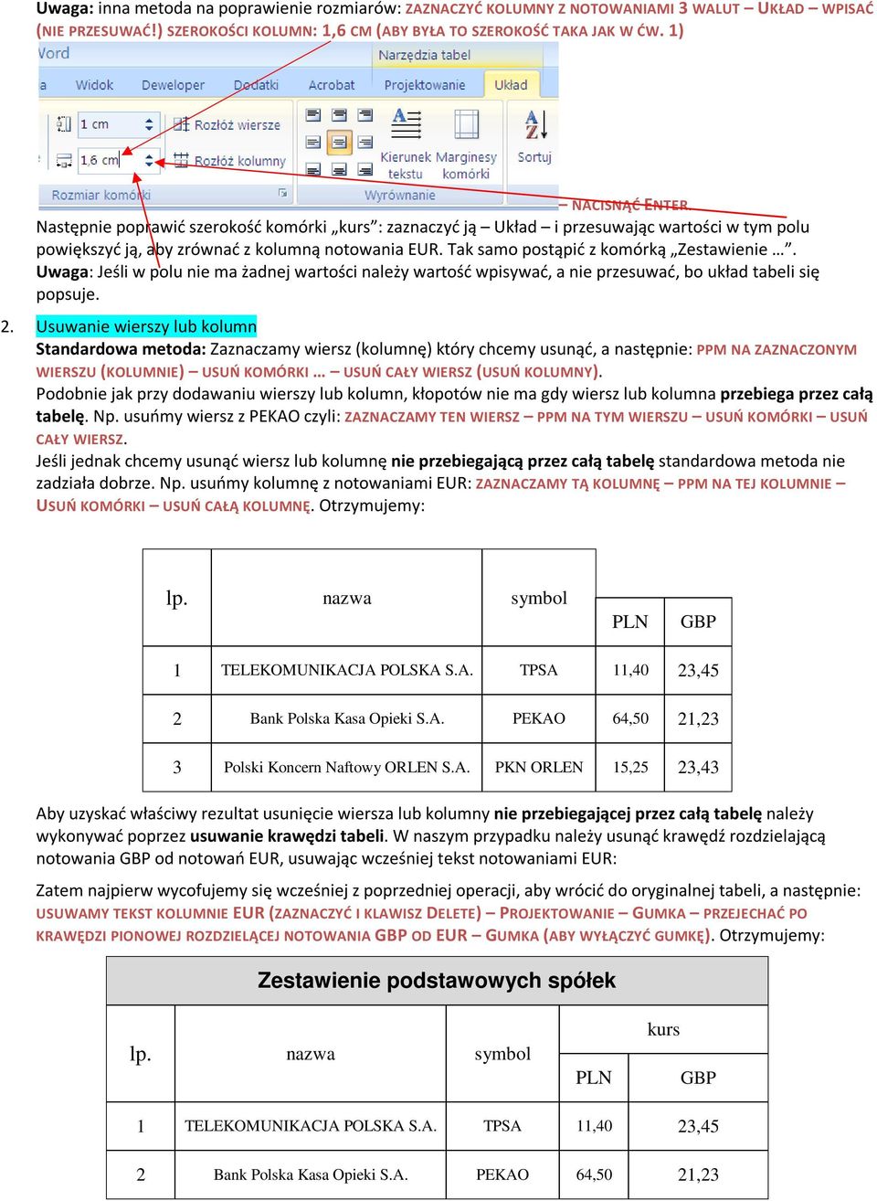 Uwaga: Jeśli w polu nie ma żadnej wartości należy wartość wpisywać, a nie przesuwać, bo układ tabeli się popsuje. 2.