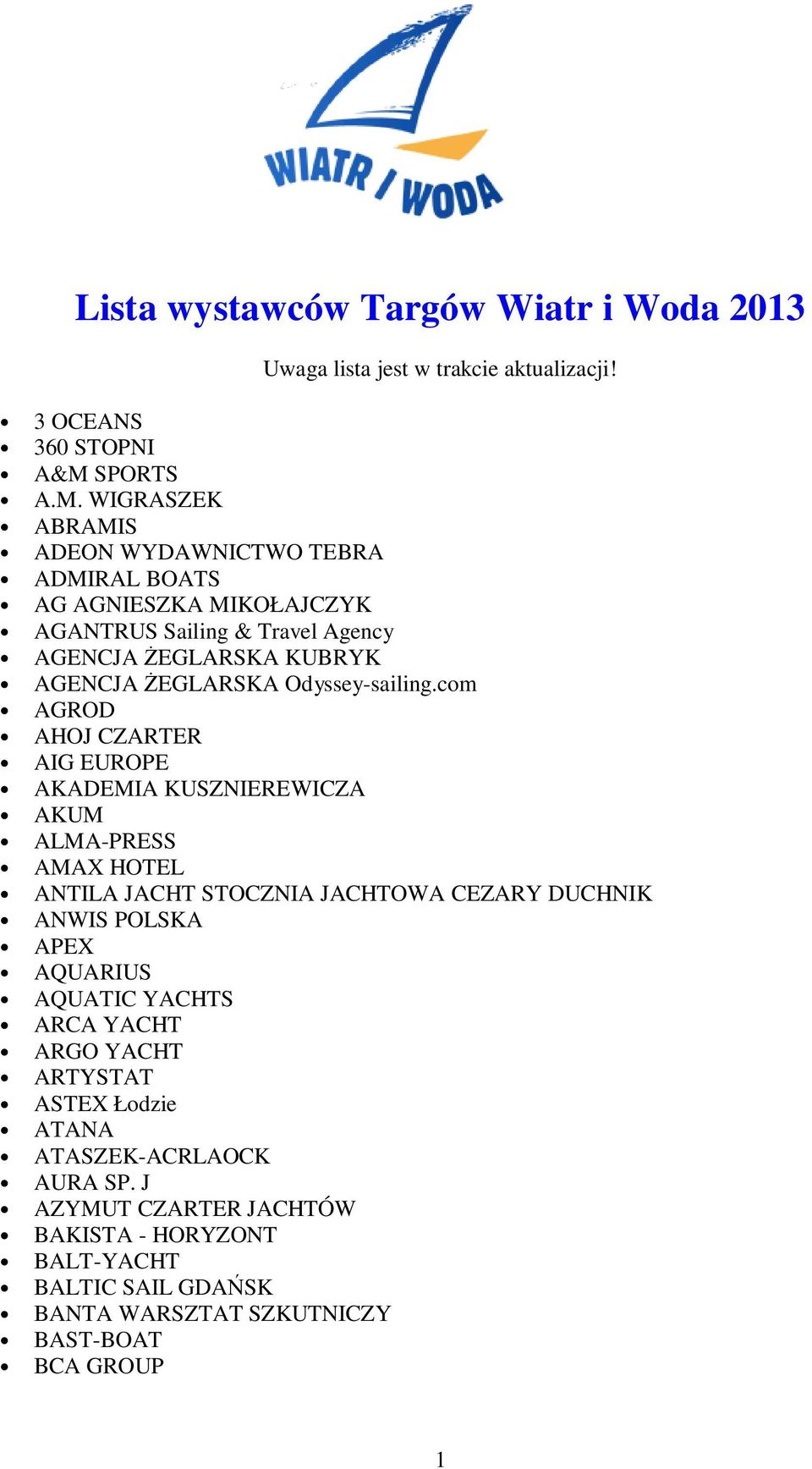 WIGRASZEK ABRAMIS ADEON WYDAWNICTWO TEBRA ADMIRAL BOATS AG AGNIESZKA MIKOŁAJCZYK AGANTRUS Sailing & Travel Agency AGENCJA ŻEGLARSKA KUBRYK AGENCJA ŻEGLARSKA