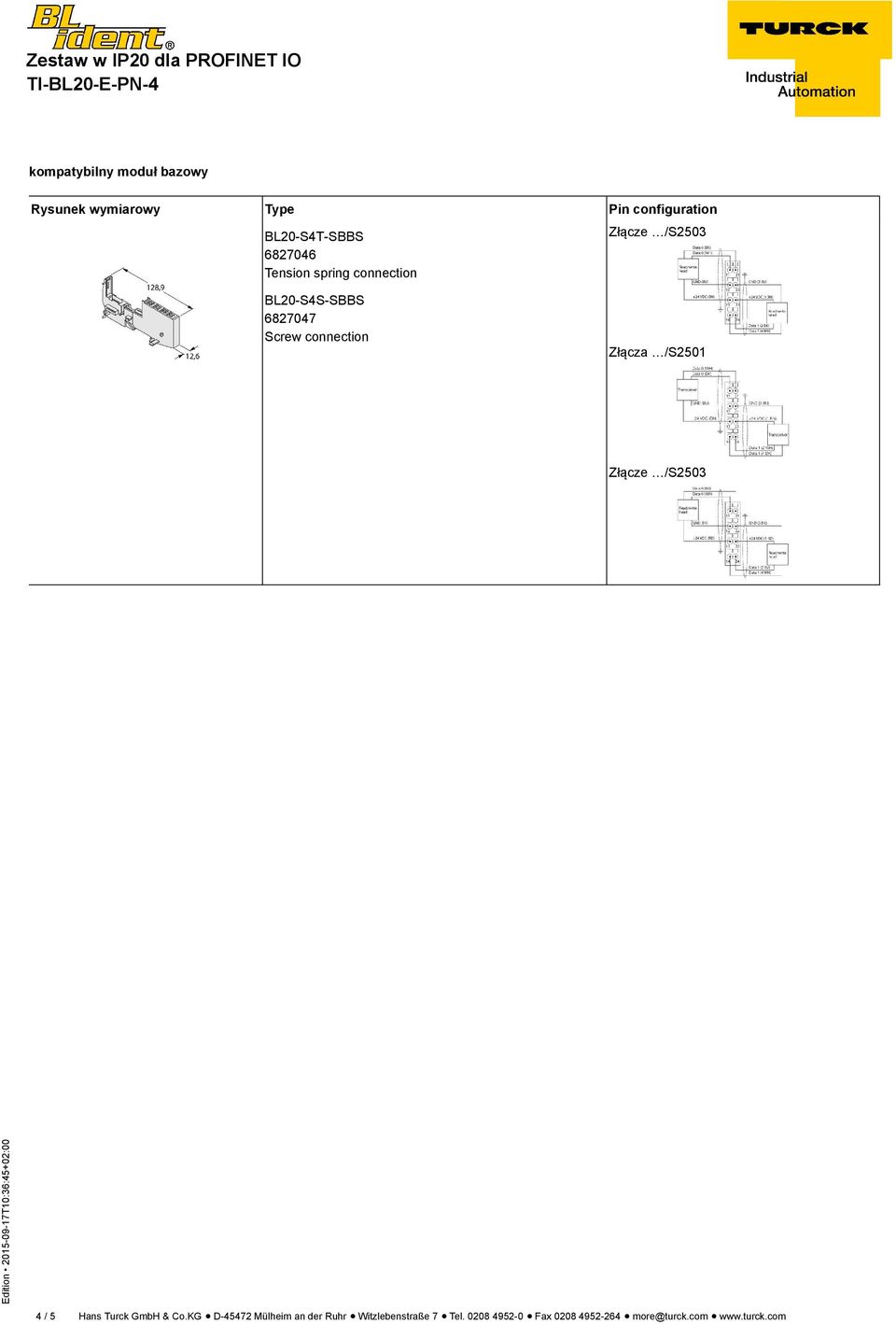 Złącza /S2501 Złącze /S2503 4 / 5 Hans Turck GmbH & Co.
