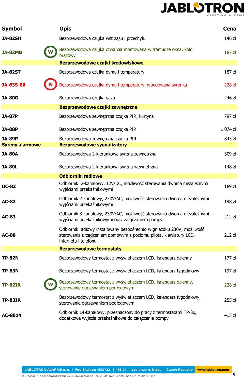 Bezprzewodowa zewnętrzna czujka PIR, kurtyna 797 zł JA-88P Bezprzewodowa zewnętrzna czujka PIR 1 074 zł JA-89P Bezprzewodowa zewnętrzna czujka PIR 843 zł Syreny alarmowe Bezprzewodowe sygnalizatory