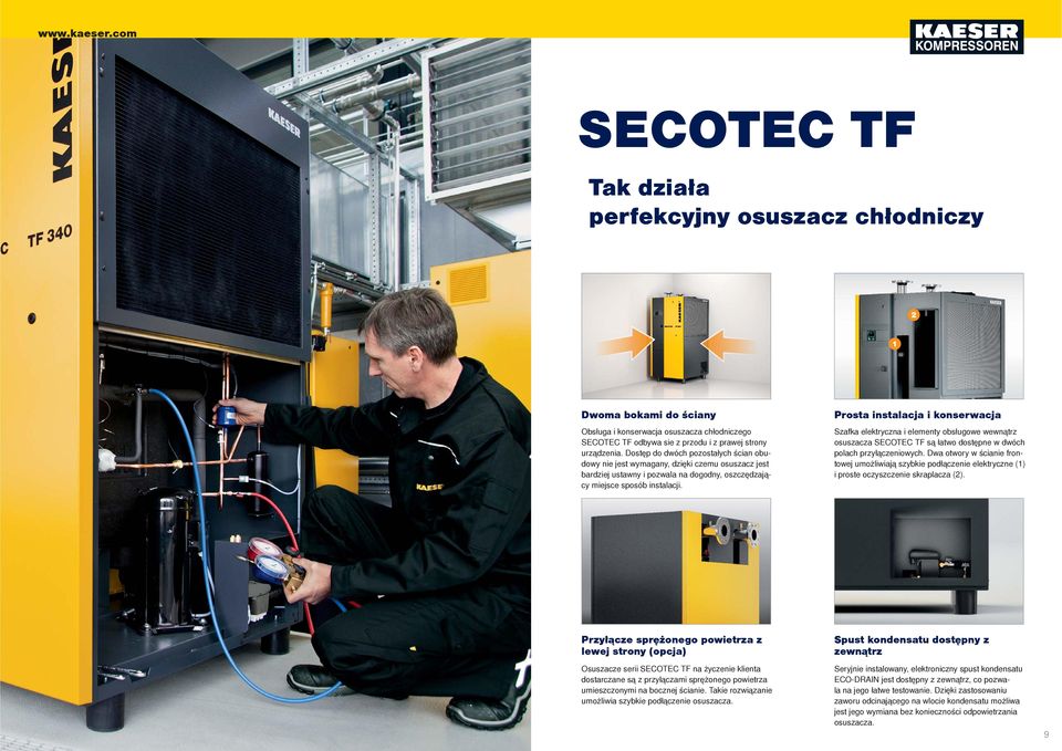 Prosta instalacja i konserwacja Szafka elektryczna i elementy obsługowe wewnątrz osuszacza SECOTEC TF są łatwo dostępne w dwóch polach przyłączeniowych.