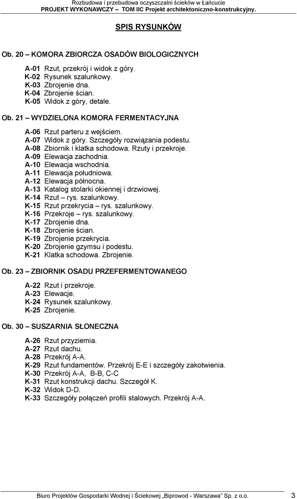 A-12 Elewacja północna. A-13 Katalog stolarki okiennej i drzwiowej. K-14 Rzut rys. szalunkowy. K-15 Rzut przekrycia rys. szalunkowy. K-16 Przekroje rys. szalunkowy. K-17 Zbrojenie dna.