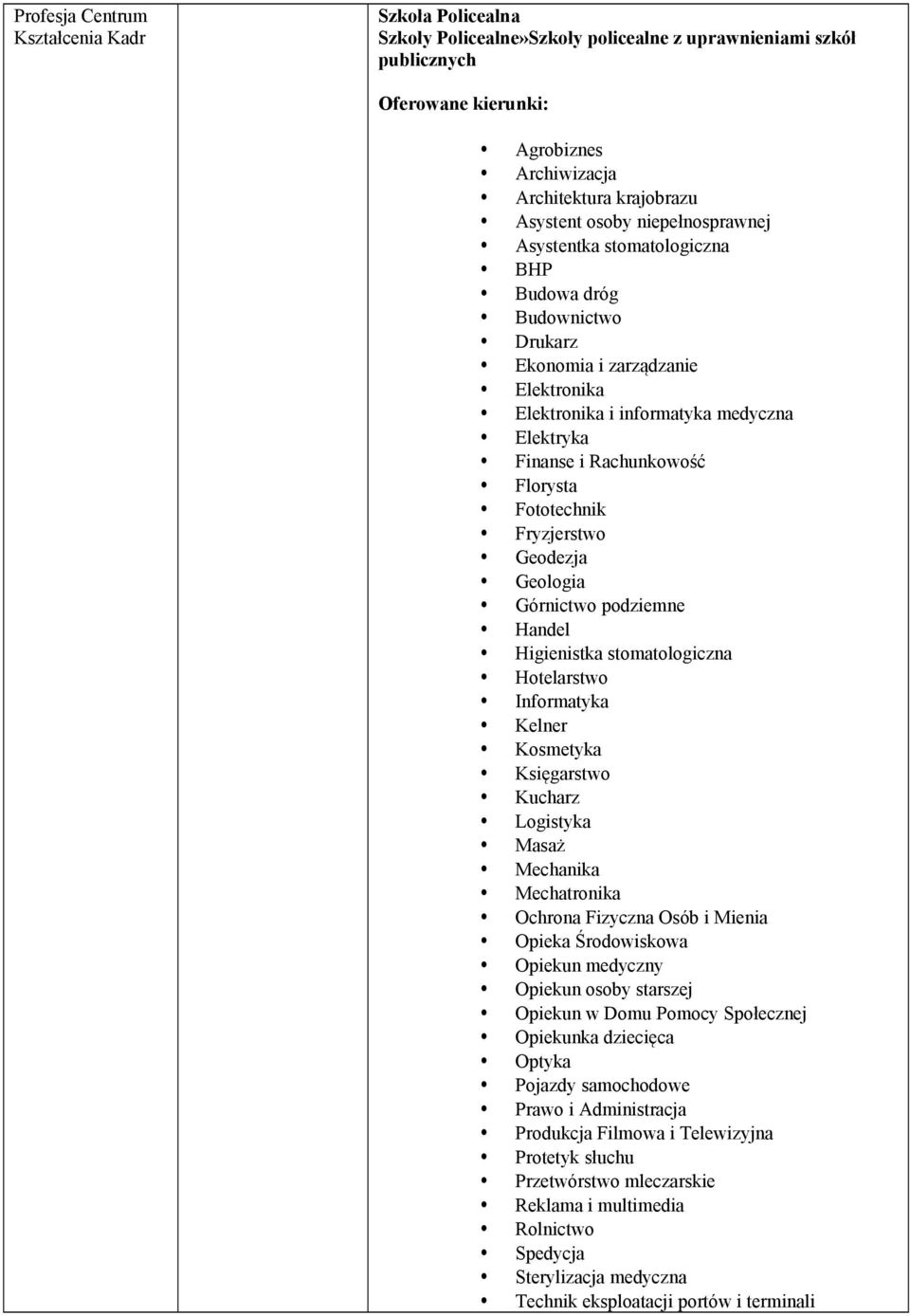 Fototechnik Fryzjerstwo Geodezja Geologia Górnictwo podziemne Handel Higienistka stomatologiczna Hotelarstwo Informatyka Kelner Kosmetyka Księgarstwo Kucharz Logistyka Masaż Mechanika Mechatronika