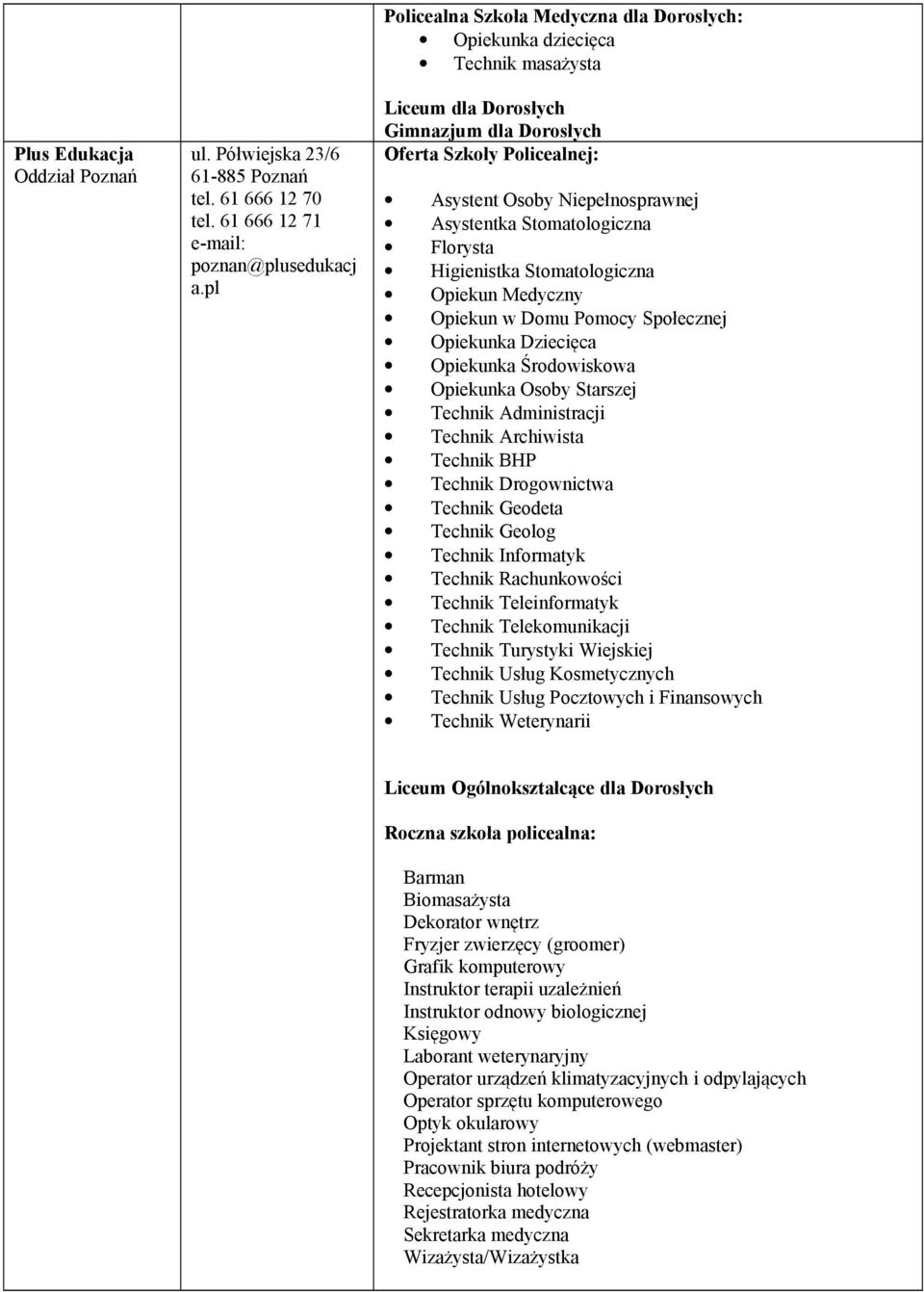 Stomatologiczna Florysta Higienistka Stomatologiczna Opiekun Medyczny Opiekun w Domu Pomocy Społecznej Opiekunka Dziecięca Opiekunka Środowiskowa Opiekunka Osoby Starszej Technik Administracji