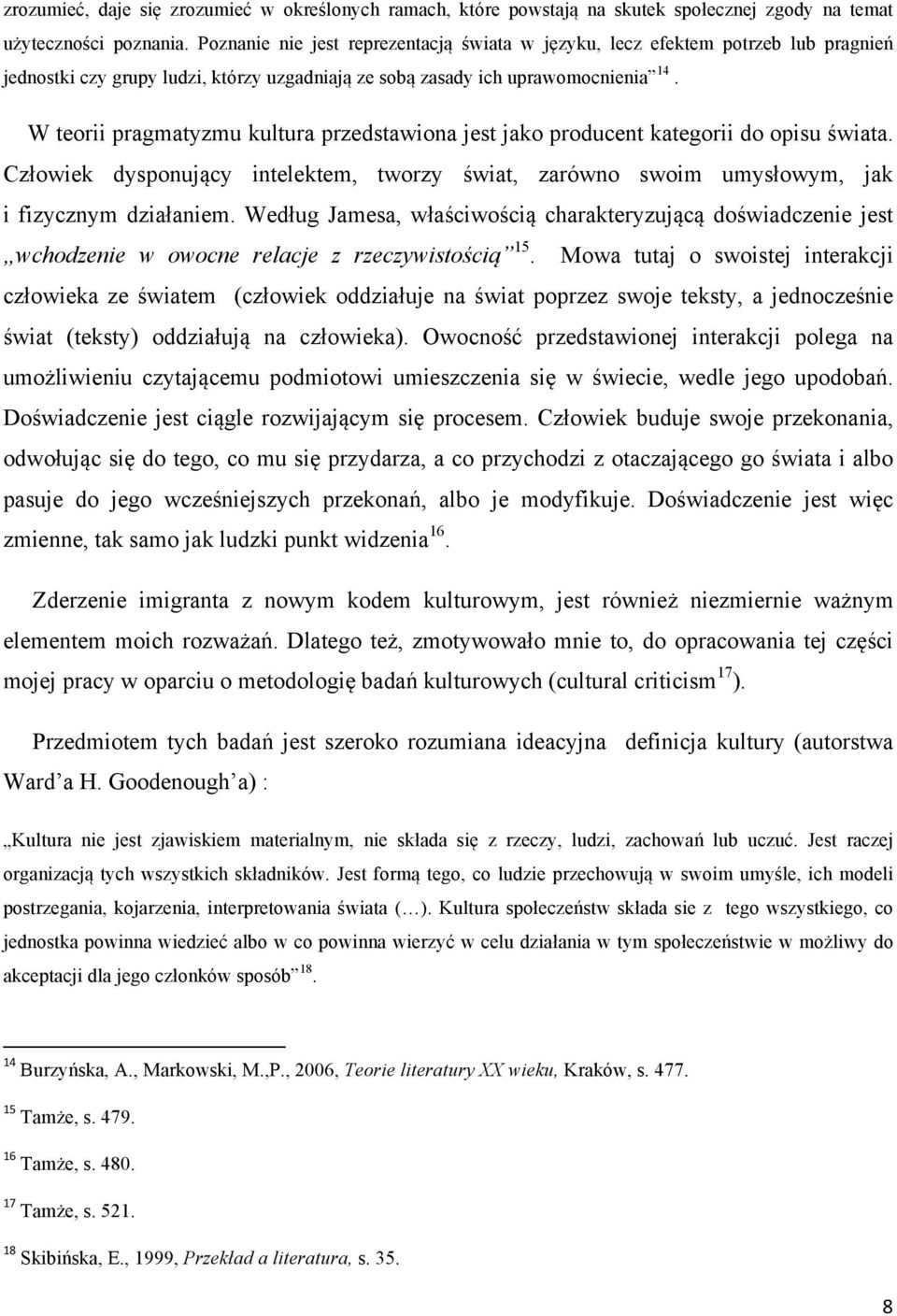 W teorii pragmatyzmu kultura przedstawiona jest jako producent kategorii do opisu świata. Człowiek dysponujący intelektem, tworzy świat, zarówno swoim umysłowym, jak i fizycznym działaniem.