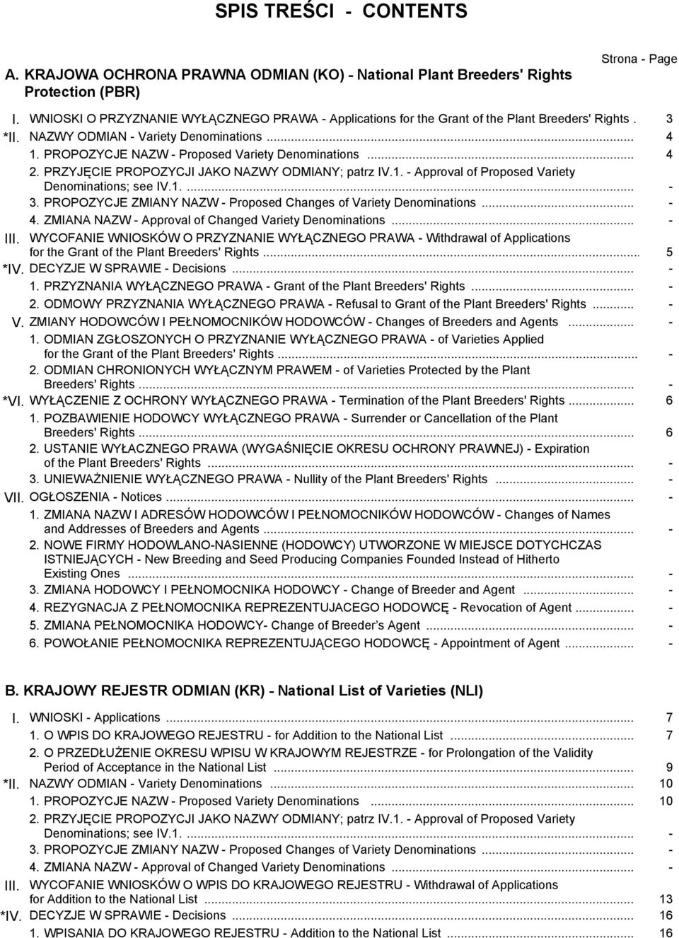 .. 4 2. PRZYJĘCIE PROPOZYCJI JAKO NAZWY ODMIANY; patrz IV.1. - Approval of Proposed Variety Denominations; see IV.1.... - 3. PROPOZYCJE ZMIANY NAZW - Proposed Changes of Variety Denominations... - 4.