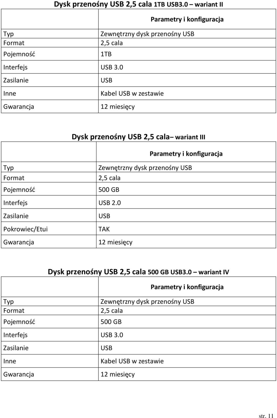 0 Zasilanie USB Kabel USB w zestawie Dysk przenośny USB 2,5 cala wariant III Typ Zewnętrzny dysk przenośny USB Format 2,5