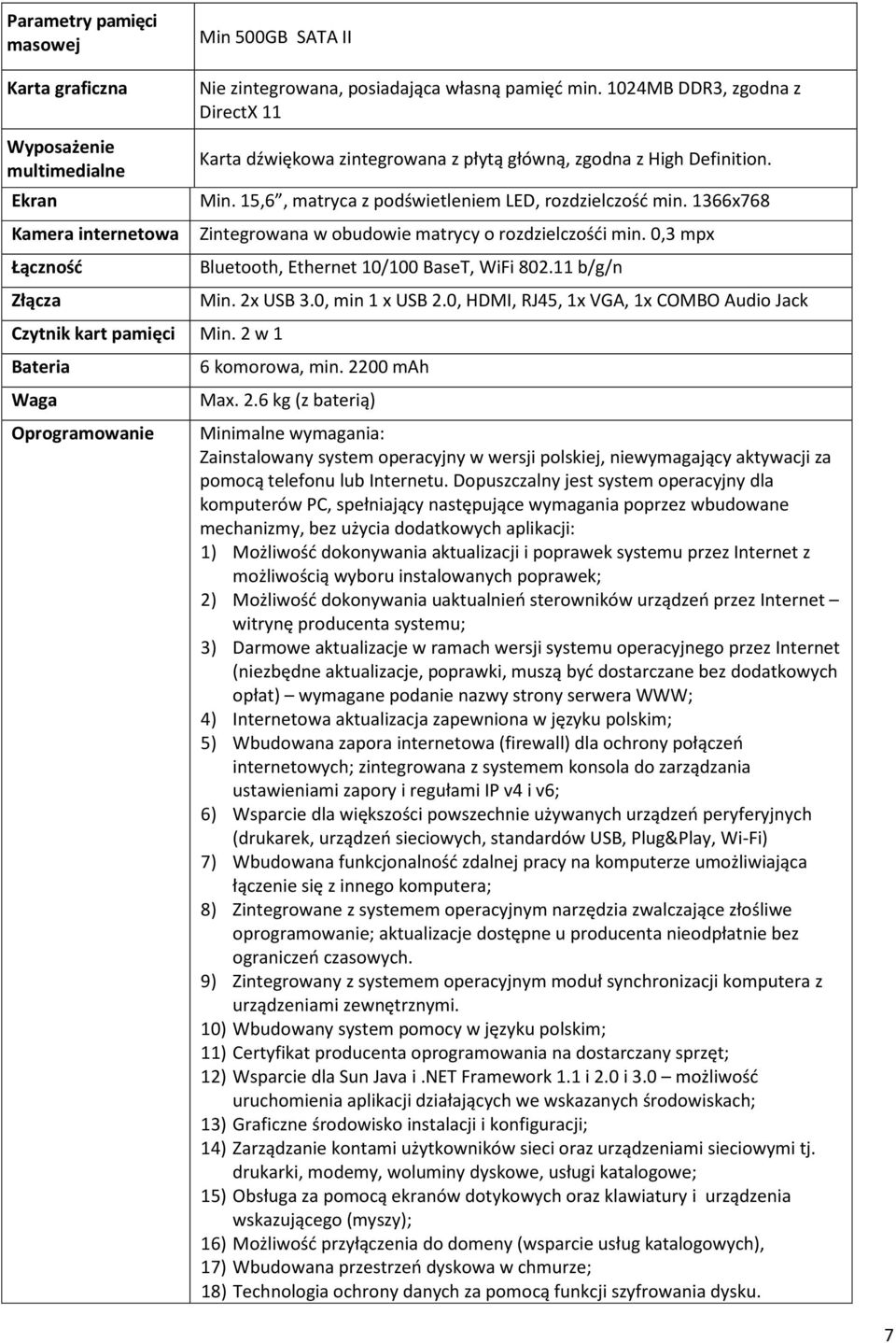 15,6, matryca z podświetleniem LED, rozdzielczość min. 1366x768 Zintegrowana w obudowie matrycy o rozdzielczośći min. 0,3 mpx Bluetooth, Ethernet 10/100 BaseT, WiFi 802.11 b/g/n Min. 2x USB 3.