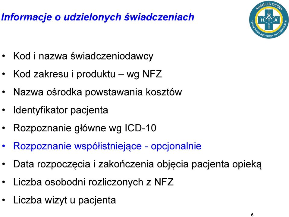 współistniejące - opcjonalnie Data rozpoczęcia i zakończenia objęcia pacjenta opieką Liczba osobodni