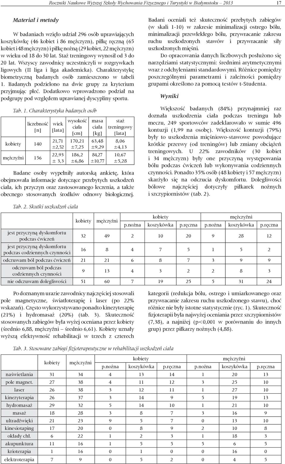 Wszyscy zawodnicy uczestniczyli w rozgrywkach ligowych (II liga i liga akademicka). Charakterystykę biometryczną badanych osób zamieszczono w tabeli 1.