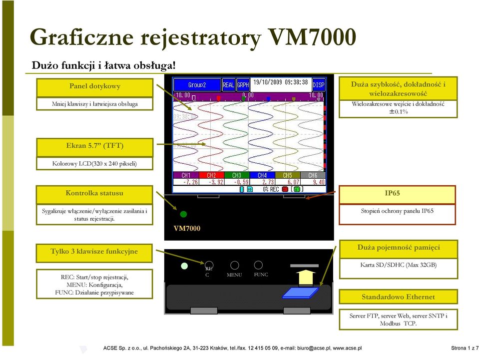 Tylko 3 klawisze funkcyjne REC: Start/stop rejestracji, MENU: Konfiguracja, FUNC: Działanie przypisywane VM7000 RE C MENU FUNC Duża szybkość, dokładność i wielozakresowość