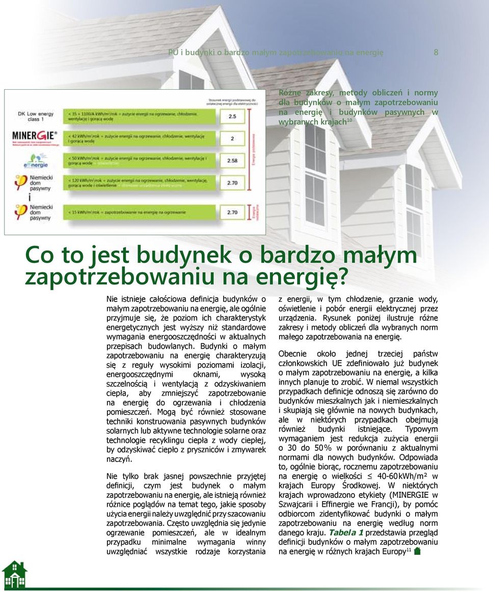 Nie istnieje całościowa definicja budynków o małym zapotrzebowaniu na energię, ale ogólnie przyjmuje się, że poziom ich charakterystyk energetycznych jest wyższy niż standardowe wymagania