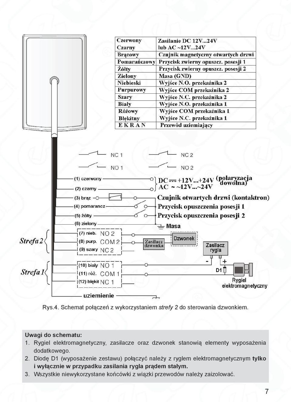 Diodę D1 (wyposażenie zestawu) połączyć należy z ryglem elektromagnetycznym tylko i wyłącznie w