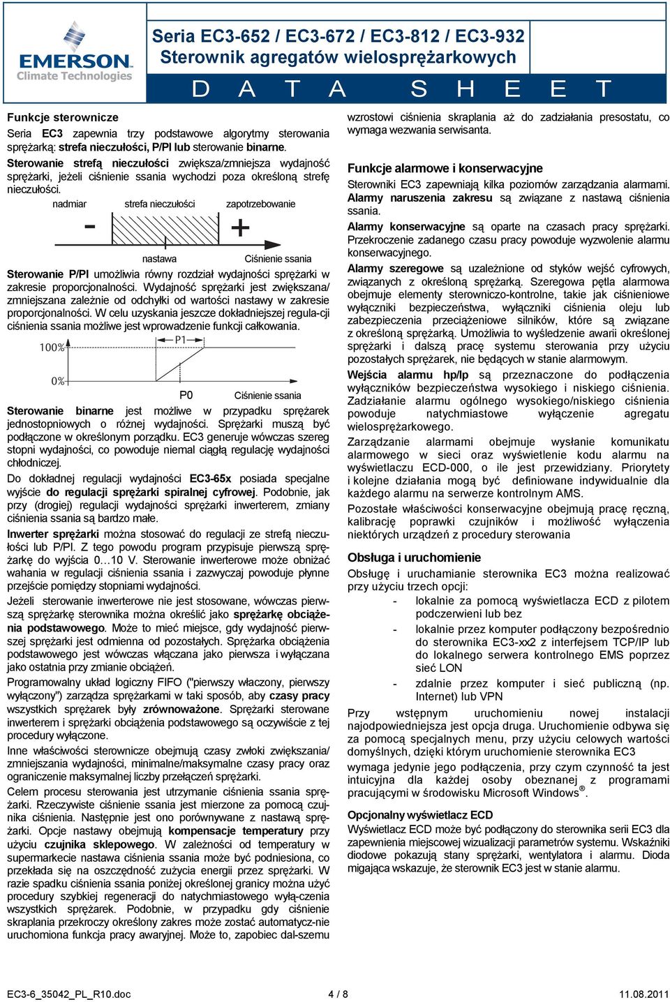 nadmiar strefa nieczułości zapotrzebowanie - + nastawa Ciśnienie ssania Sterowanie P/PI umożliwia równy rozdział wydajności sprężarki w zakresie proporcjonalności.