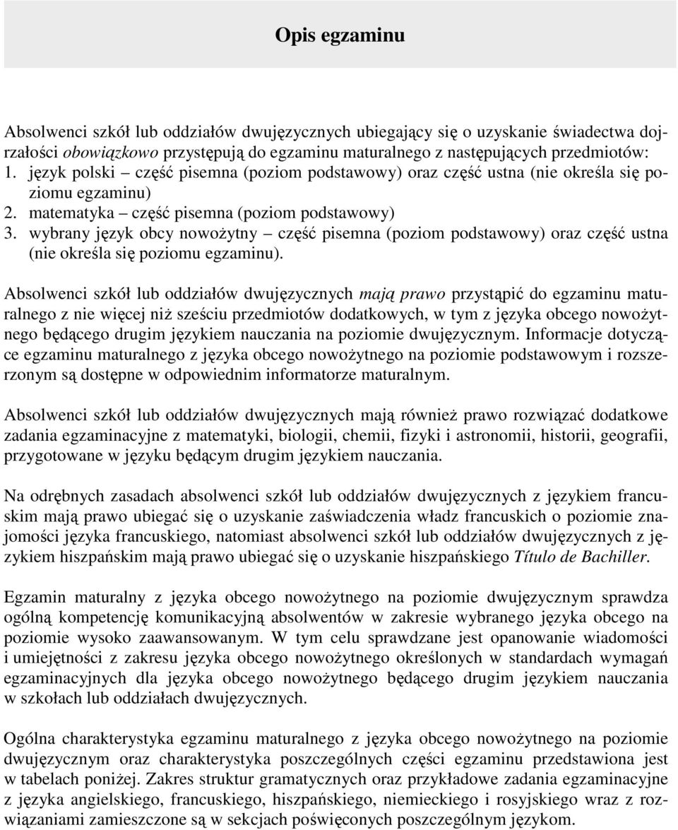 oraz czę ć ustna (nie okre la się poziomu egzaminu) Absolwenci szkół lub oddziałów dwujęzycznych majš prawo przystšpić do egzaminu maturalnego z nie więcej ni sze ciu przedmiotów dodatkowych, w tym z