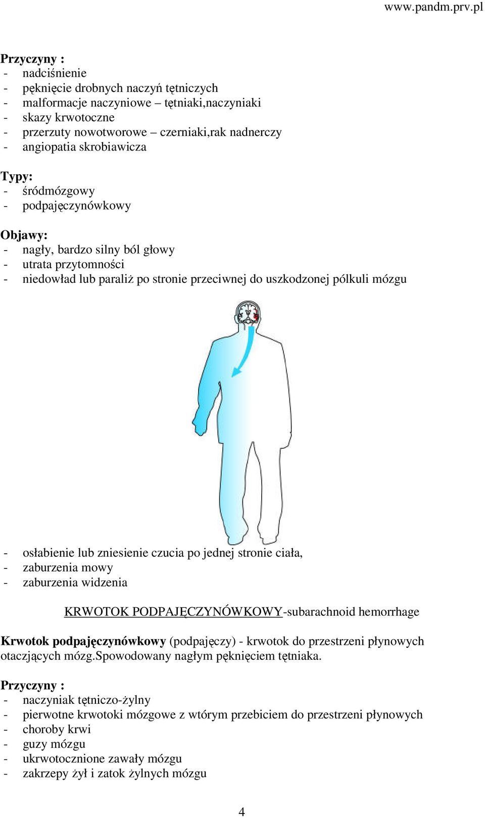 osłabienie lub zniesienie czucia po jednej stronie ciała, - zaburzenia mowy - zaburzenia widzenia KRWOTOK PODPAJĘCZYNÓWKOWY-subarachnoid hemorrhage Krwotok podpajęczynówkowy (podpajęczy) - krwotok do