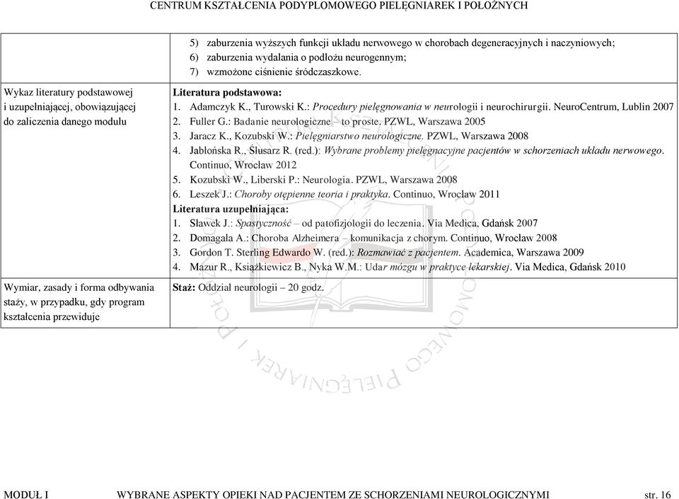 1. Adamczyk K., Turowski K.: Procedury pielęgnowania w neurologii i neurochirurgii. NeuroCentrum, Lublin 2007 2. Fuller G.: Badanie neurologiczne to proste. PZWL, Warszawa 2005 3. Jaracz K.