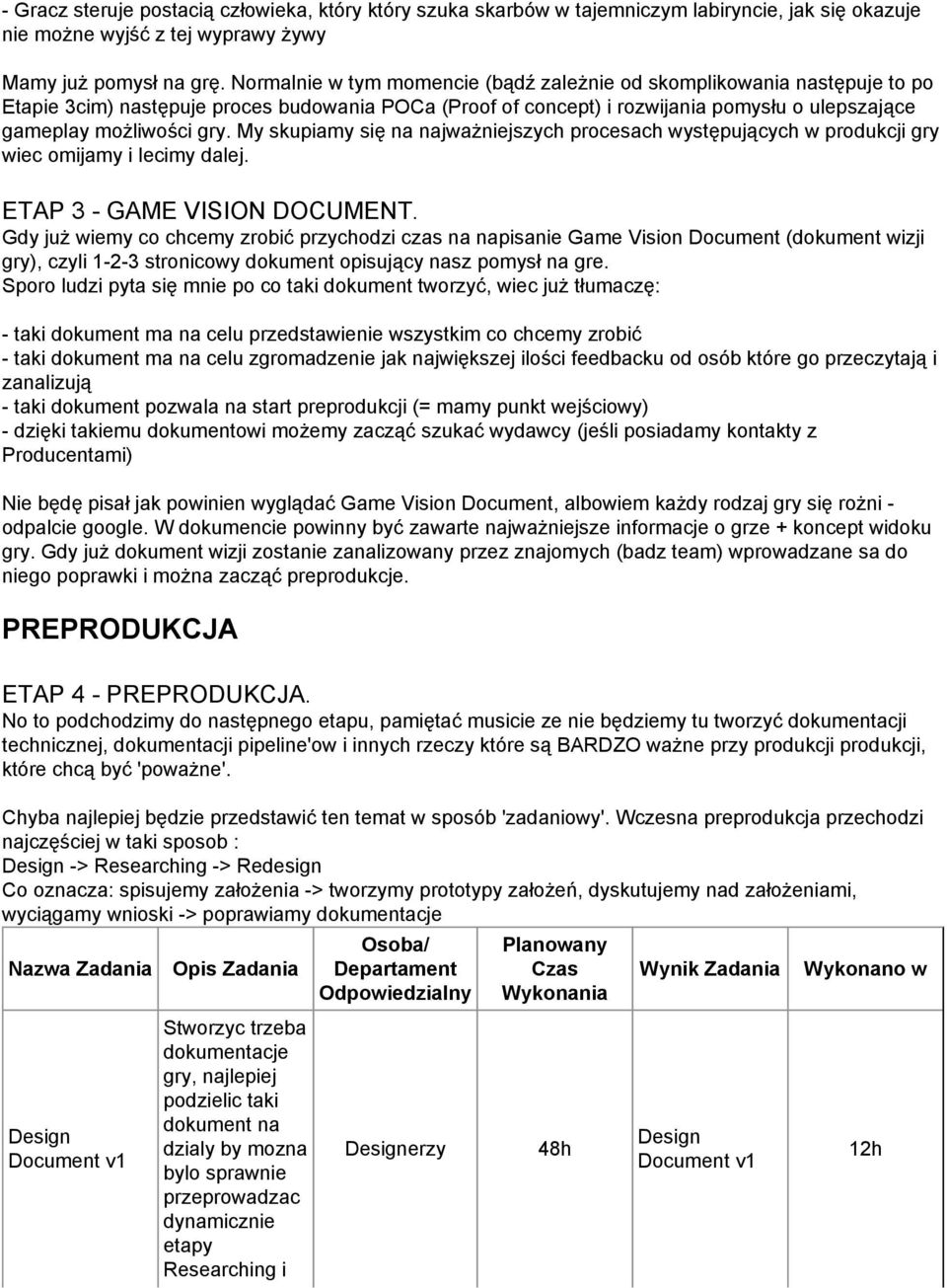 My skupiamy się na najważniejszych procesach występujących w produkcji gry wiec omijamy i lecimy dalej. ETAP 3 - GAME VISION DOCUMENT.