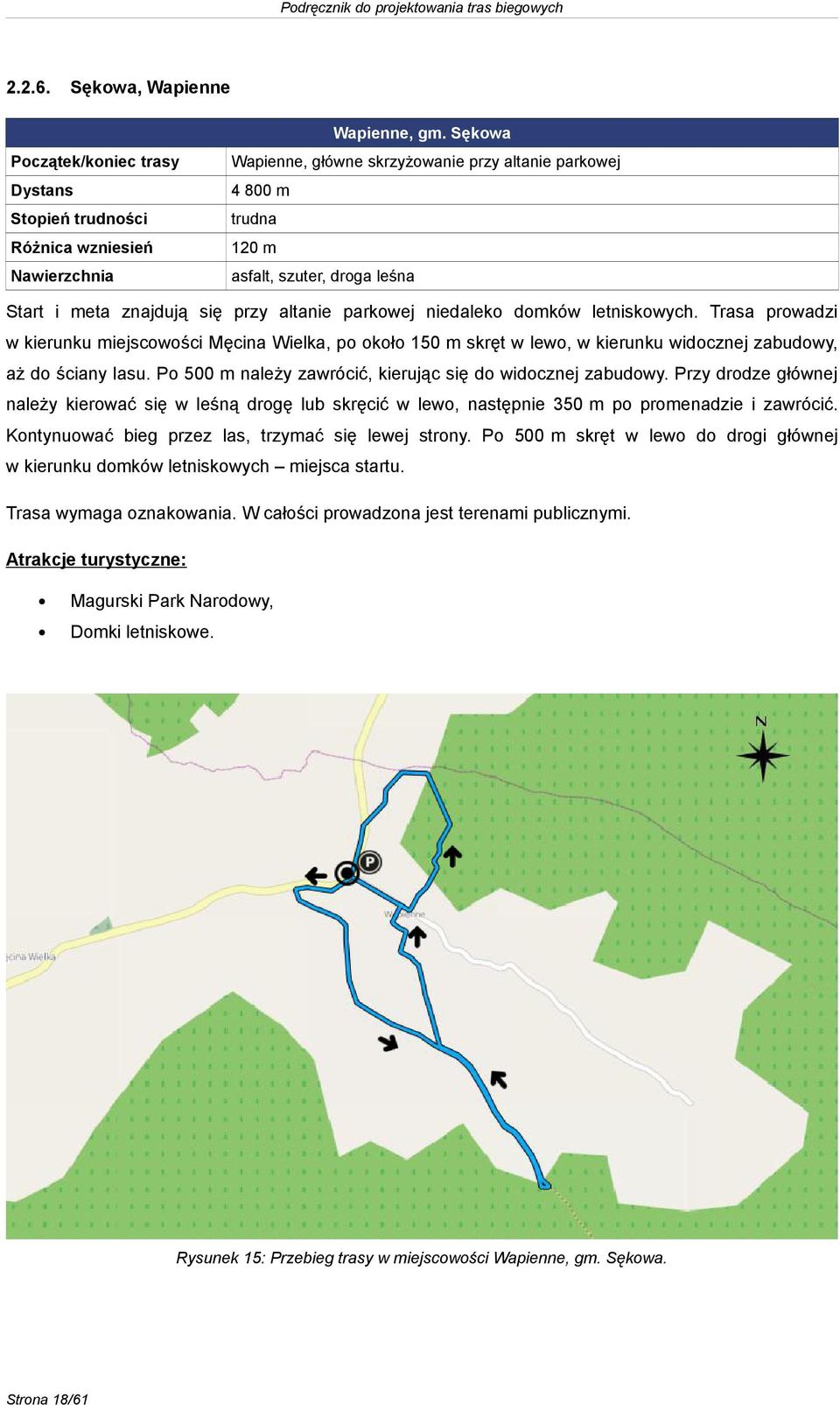 Trasa prowadzi w kierunku miejscowości Męcina Wielka, po około 150 m skręt w lewo, w kierunku widocznej zabudowy, aż do ściany lasu. Po 500 m należy zawrócić, kierując się do widocznej zabudowy.