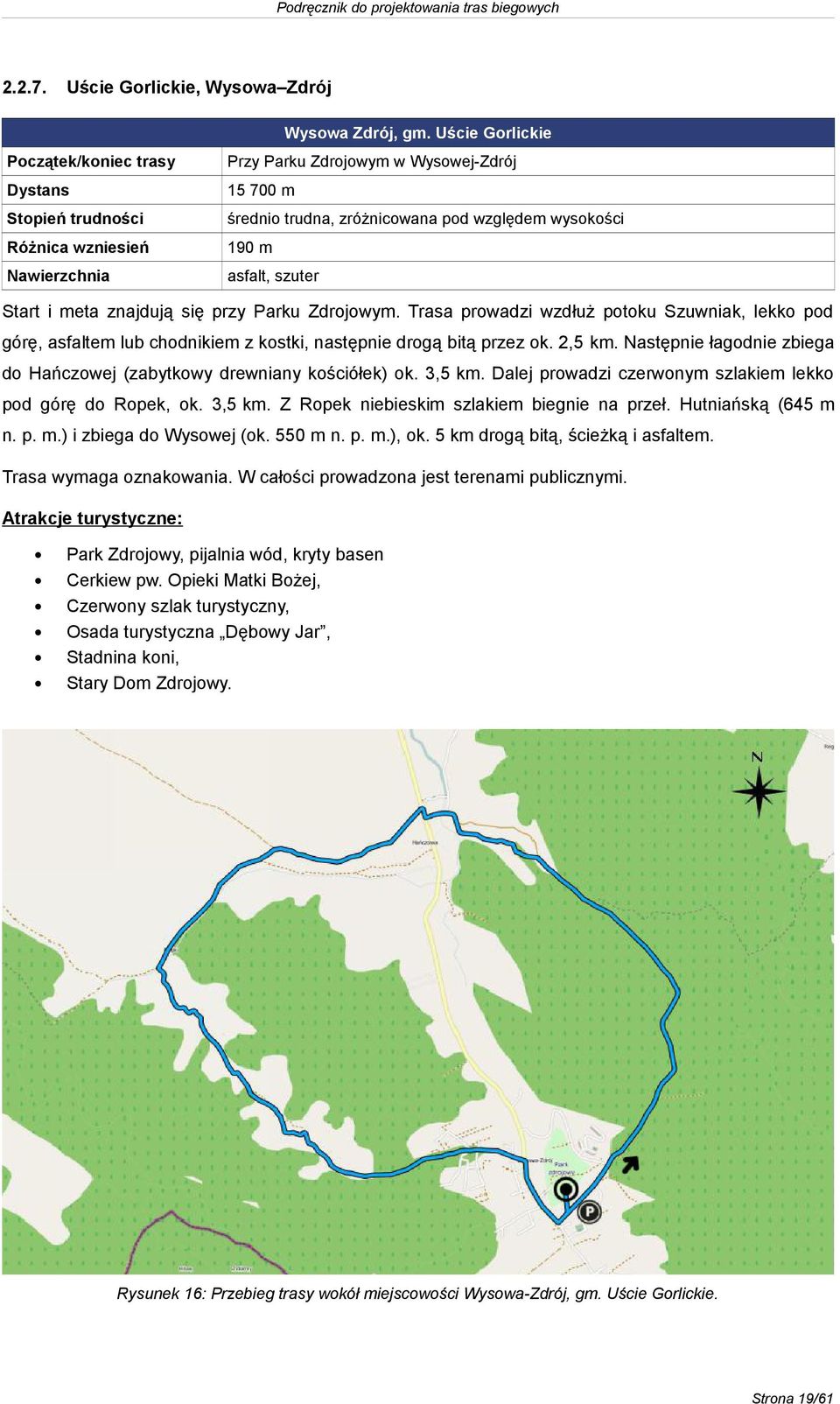 Trasa prowadzi wzdłuż potoku Szuwniak, lekko pod górę, asfaltem lub chodnikiem z kostki, następnie drogą bitą przez ok. 2,5 km.