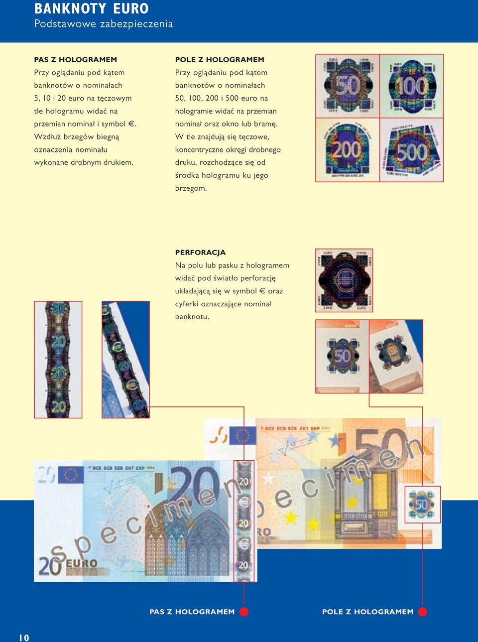 POLE Z HOLOGRAMEM Przy oglądaniu pod kątem banknotów o nominałach 50, 100, 200 i 500 euro na hologramie widać na przemian nominał oraz okno lub bramę.