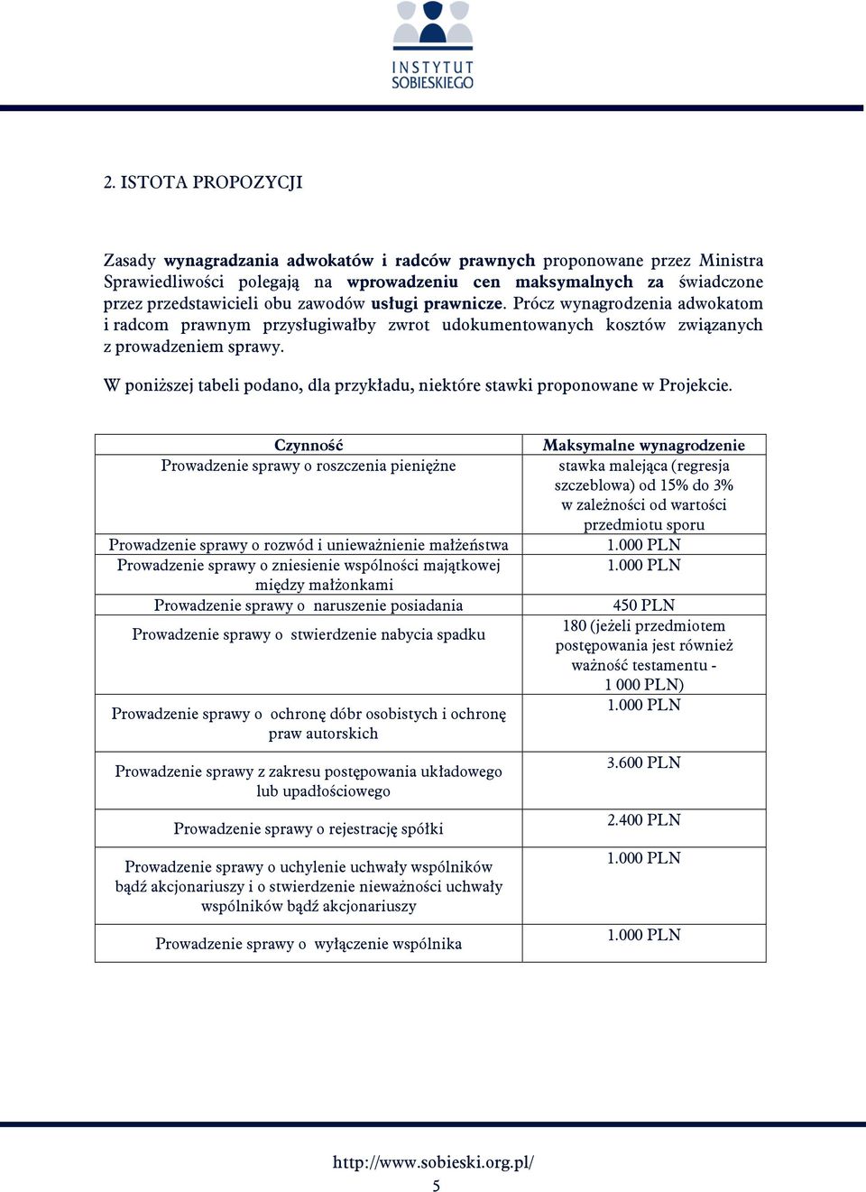 W poniższej tabeli podano, dla przykładu, niektóre stawki proponowane w Projekcie.