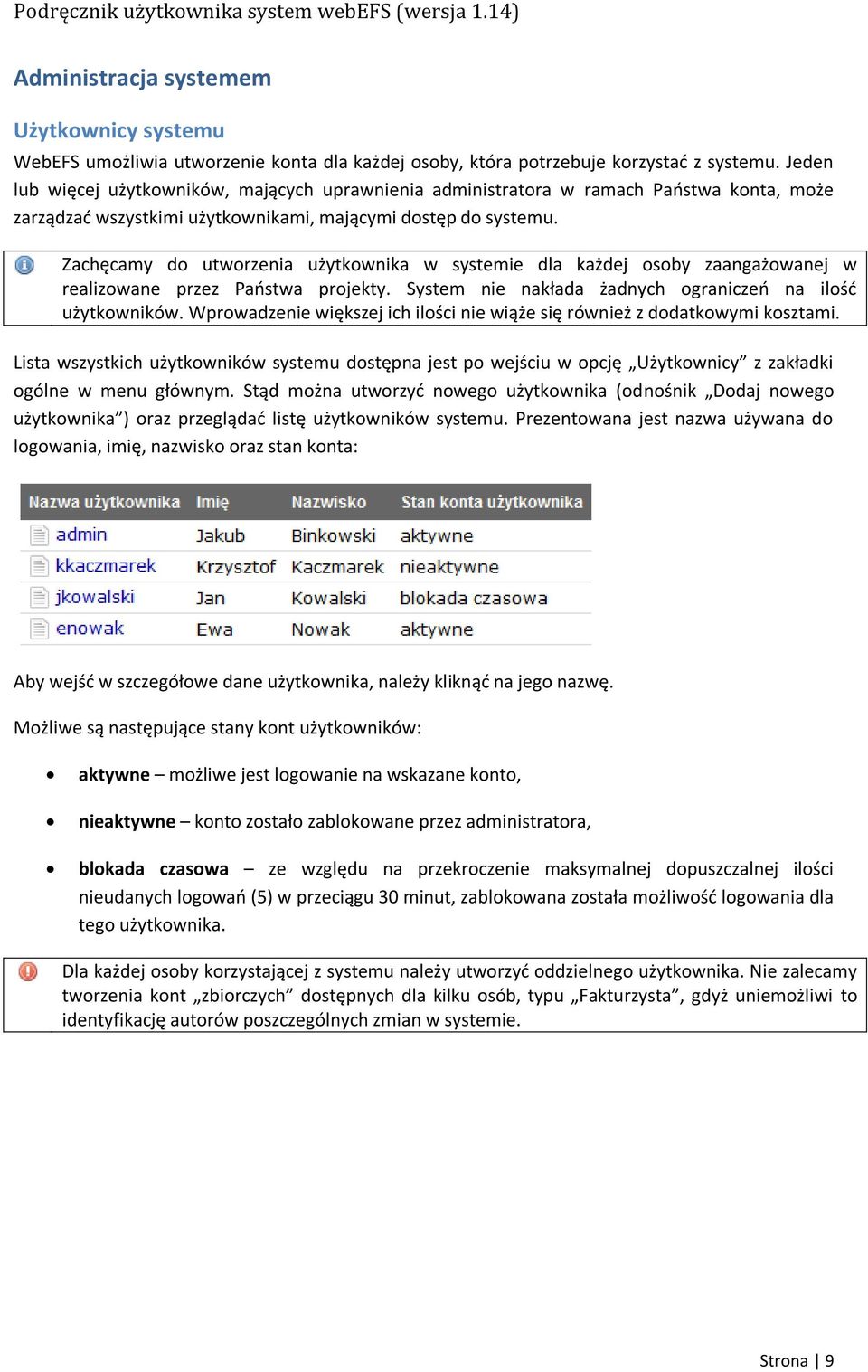 Zachęcamy do utworzenia użytkownika w systemie dla każdej osoby zaangażowanej w realizowane przez Paostwa projekty. System nie nakłada żadnych ograniczeo na ilośd użytkowników.