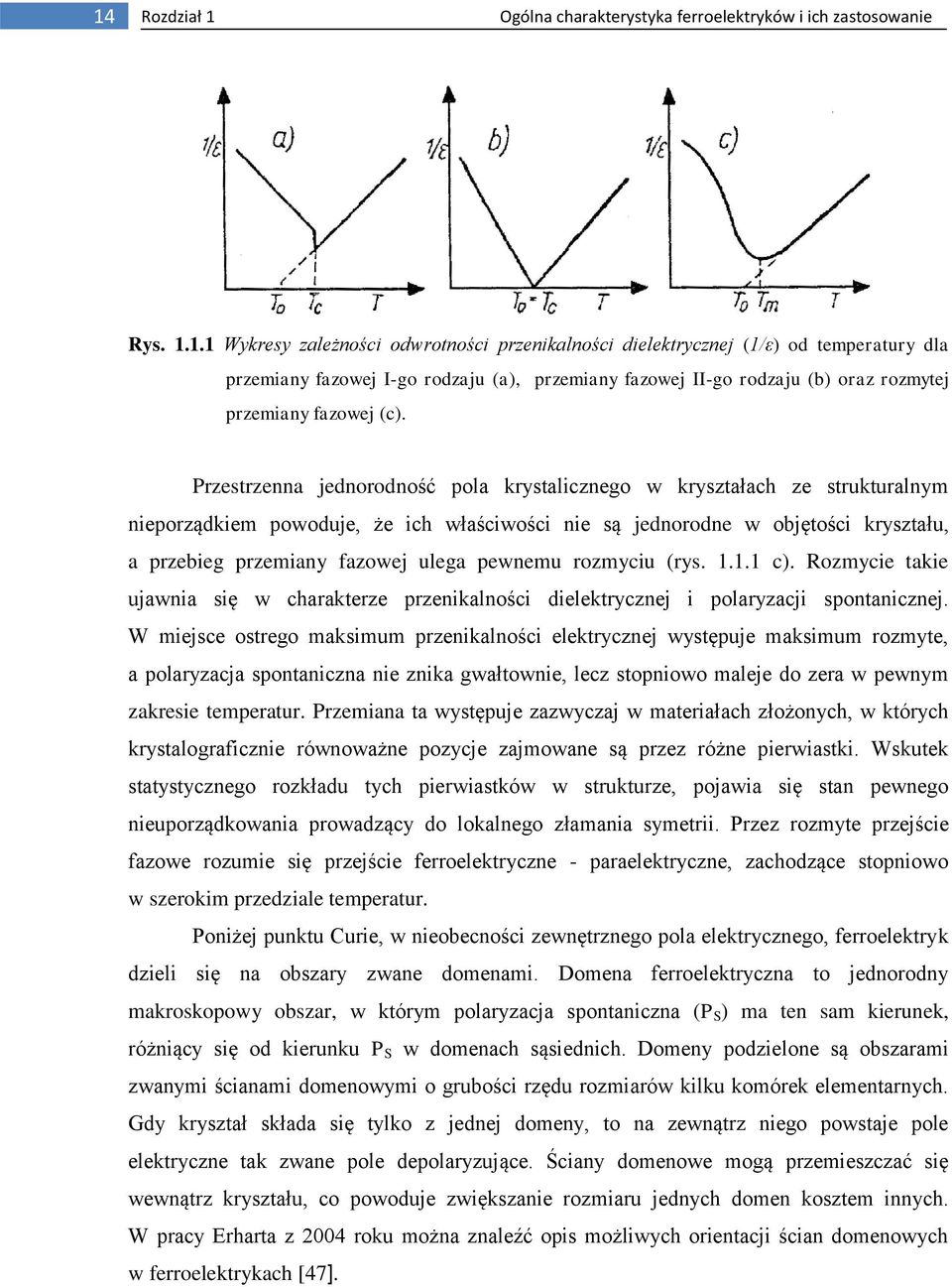 pewnemu rozmyciu (rys. 1.1.1 c). Rozmycie takie ujawnia się w charakterze przenikalności dielektrycznej i polaryzacji spontanicznej.