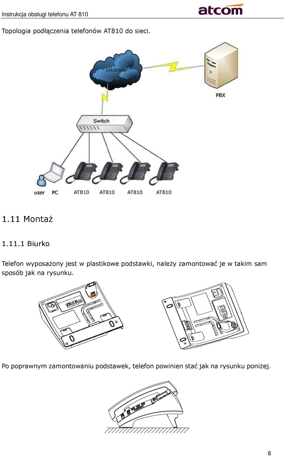 1 Biurko Telefon wyposażony jest w plastikowe podstawki, należy