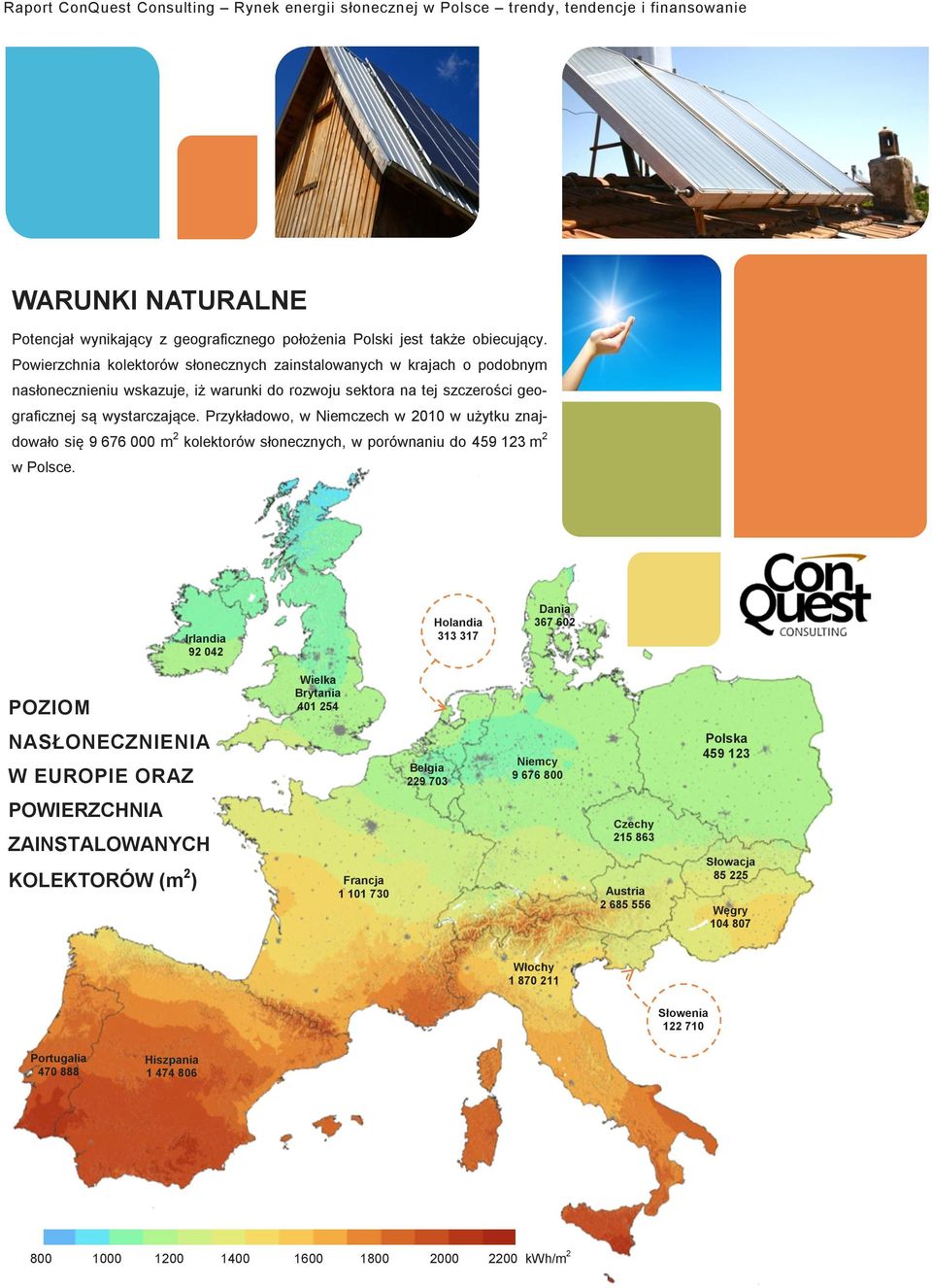 Przykładowo, w Niemczech w 2010 w użytku znajdowało się 9 676 000 m 2 kolektorów słonecznych, w porównaniu do 459 123 m 2 w Polsce.