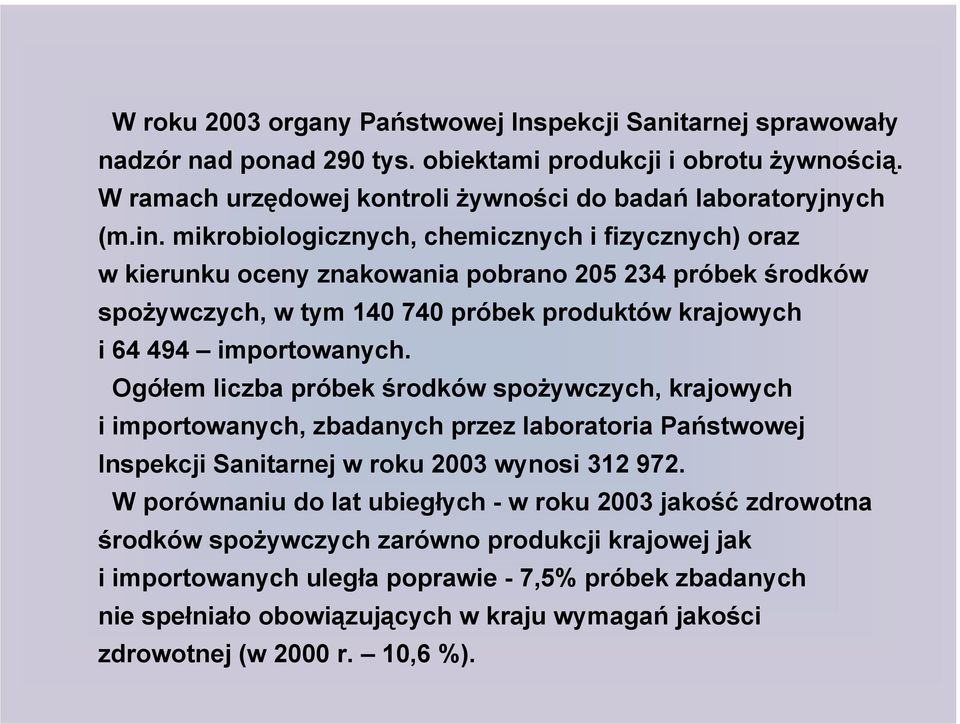 Ogółem liczba próbek środków spożywczych, krajowych i importowanych, zbadanych przez laboratoria Państwowej Inspekcji Sanitarnej w roku 2003 wynosi 312 972.