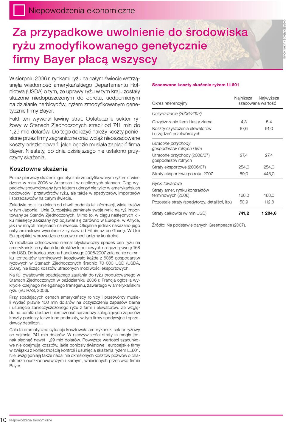 herbicydów, ryżem zmodyfikowanym genetycznie firmy Bayer. Fakt ten wywołał lawinę strat. Ostatecznie sektor ryżowy w Stanach Zjednoczonych stracił od 741 mln do 1,29 mld dolarów.