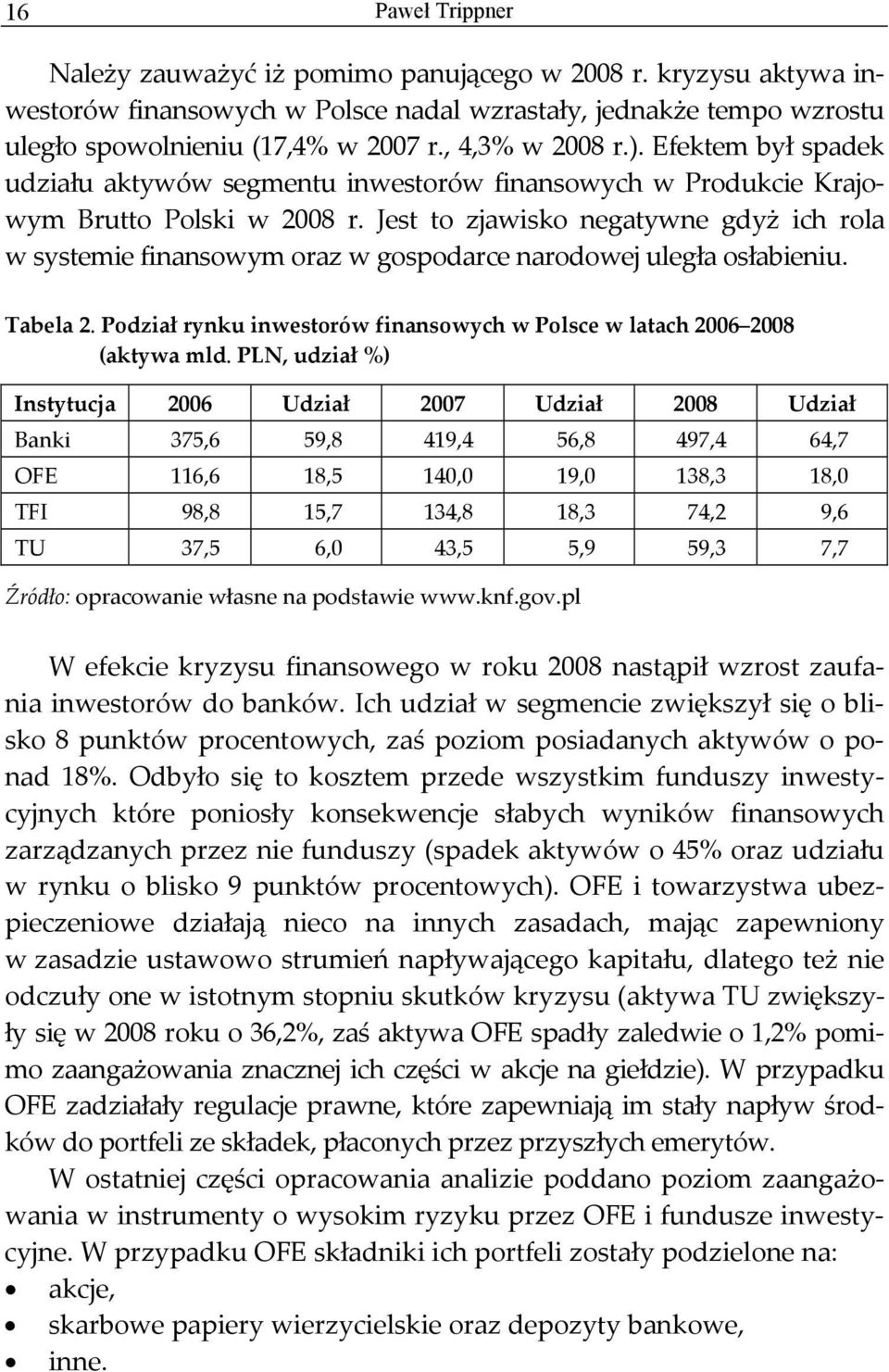 Jest to zjawisko negatywne gdyż ich rola w systemie finansowym oraz w gospodarce narodowej uległa osłabieniu. Tabela 2. Podział rynku inwestorów finansowych w Polsce w latach 2006 2008 (aktywa mld.