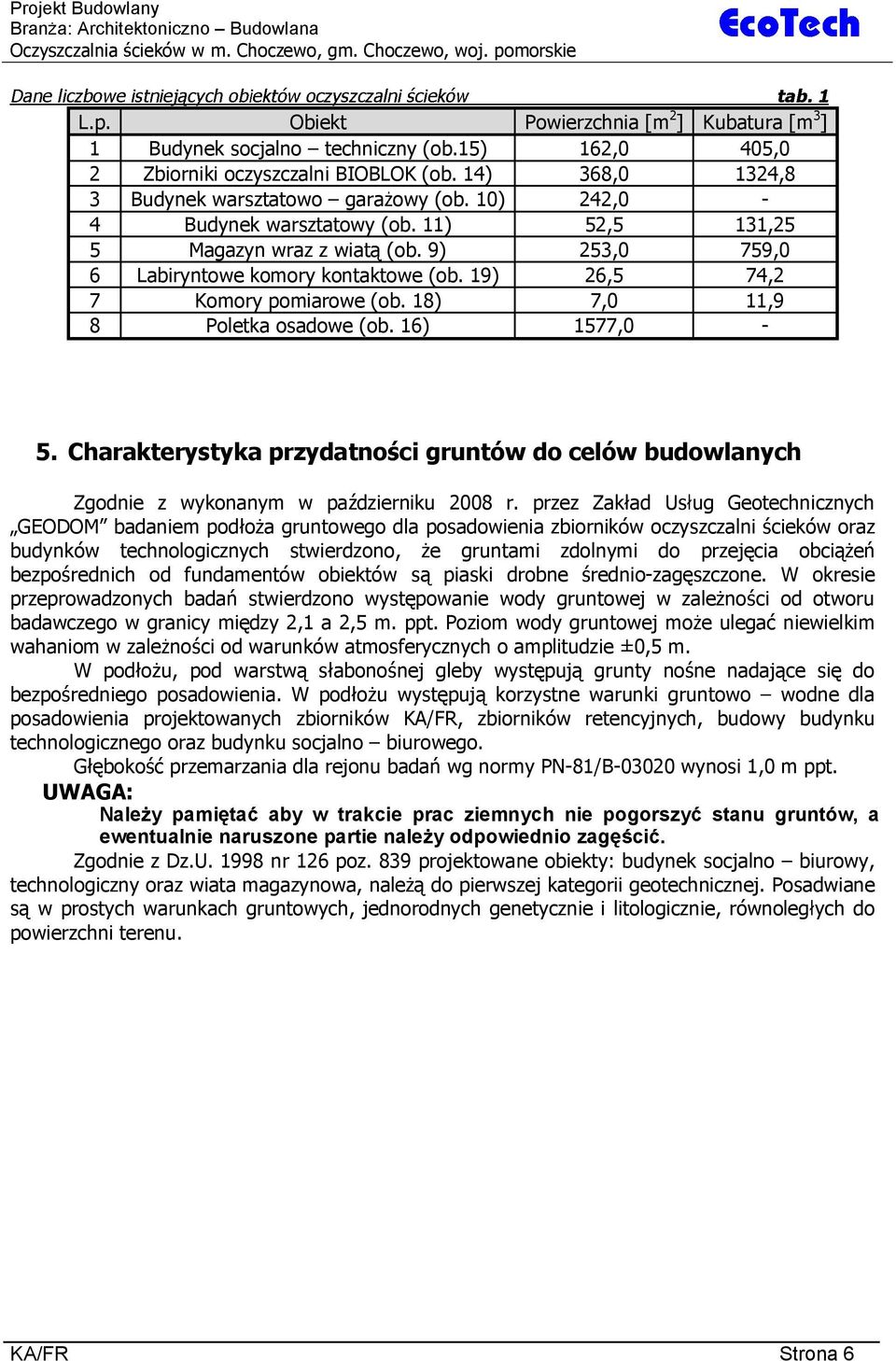 9) 253,0 759,0 6 Labiryntowe komory kontaktowe (ob. 19) 26,5 74,2 7 Komory pomiarowe (ob. 18) 7,0 11,9 8 Poletka osadowe (ob. 16) 1577,0-5.