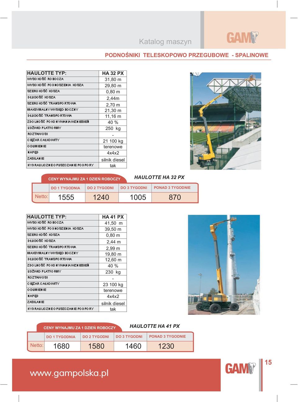 40 % 250 kg - 21 100 kg terenowe 4x4x2 silnik diesel tak HAULOTTE HA 32 PX DO 3 TYGODNI 1555 1240 1005 870 HAULOTTE TYP: WYSOKOŒÆ ROBOCZA WYSOKOŒÆ PODNOSZENIA KOSZA SZEROKOŒÆ KOSZA D UGOŒÆ KOSZA