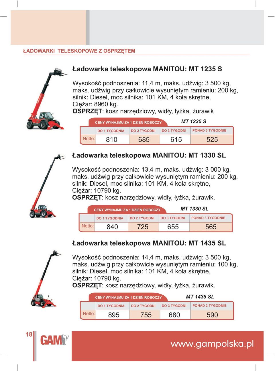 OSPRZÊT: kosz narzêdziowy, wid³y, ³y ka, urawik MT 1235 S DO 3 TYGODNI 810 685 615 525 adowarka teleskopowa MANITOU: MT 1330 SL Wysokoœæ podnoszenia: 13,4 m, maks. udÿwig: 3 000 kg, maks.