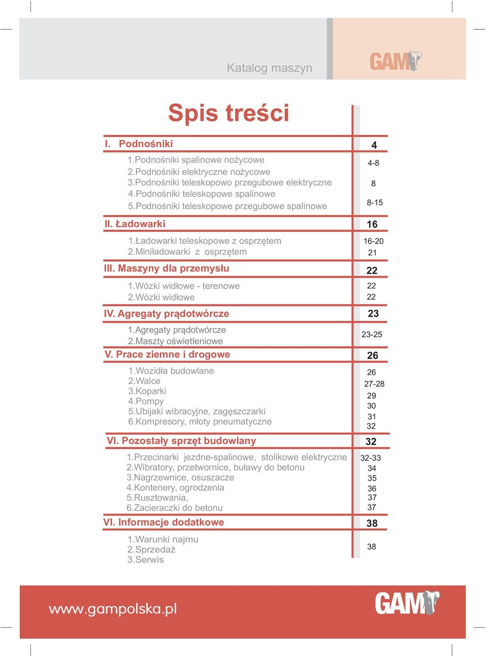 Wózki wid³owe 22 IV. Agregaty pr¹dotwórcze 1.Agregaty pr¹dotwórcze 2.Maszty oœwietleniowe V. Prace ziemne i drogowe 1.Wozid³a budowlane 2.Walce 3.Koparki 4.Pompy 5.Ubijaki wibracyjne, zagêszczarki 6.