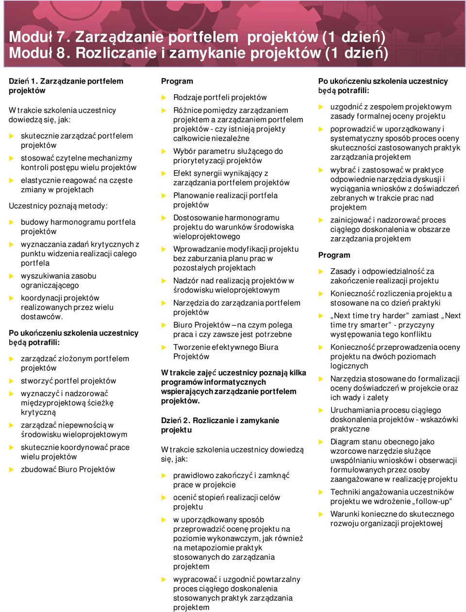 reagować na częste zmiany w projektach Uczestnicy poznają metody: bdowy harmonogram portfela projektów wyznaczania zadań krytycznych z pnkt widzenia realizacji całego portfela wyszkiwania zasob