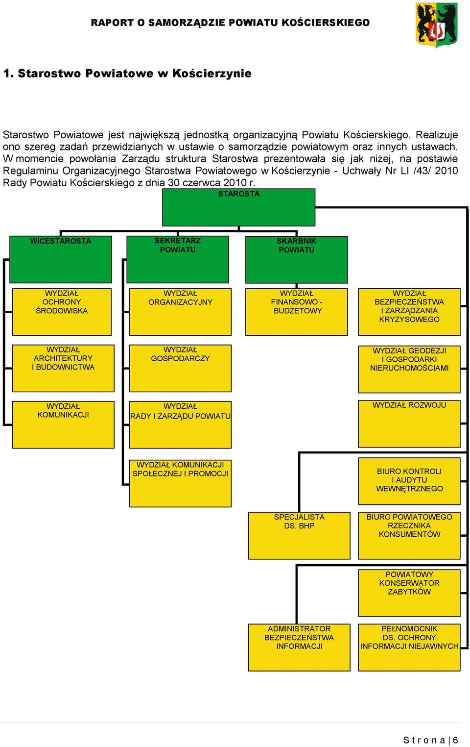 W momencie powołania Zarządu struktura Starostwa prezentowała się jak niżej, na postawie Regulaminu Organizacyjnego Starostwa Powiatowego w Kościerzynie - Uchwały Nr LI /43/ 2010 Rady Powiatu